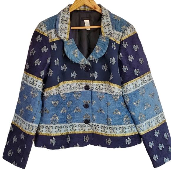 Courtenay Jackets & Blazers - Courtenay Batik Blazer Jacket Blue Navy Button Lined Jacquard Shimmer Career 16